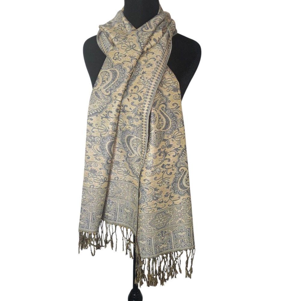 Pashmina Womens Gold Gray Paisley Silk Blend Fringe Reversible Wrap Scarf Shawl